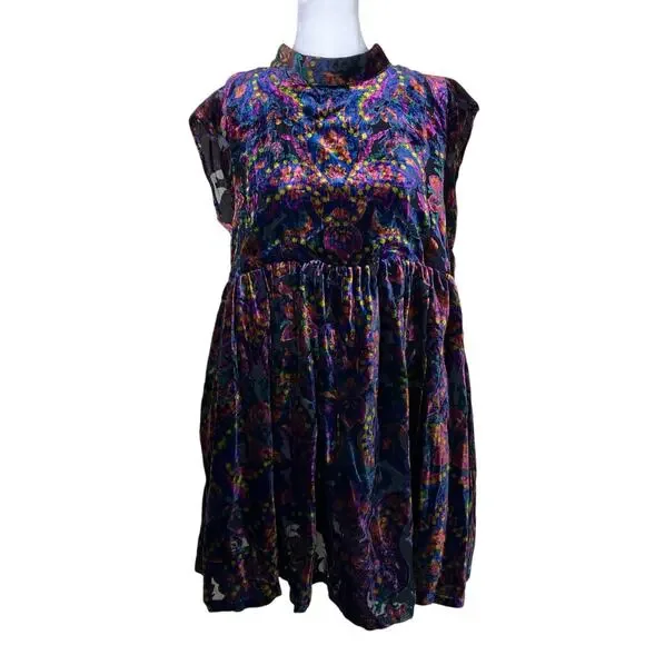 Free People Sz S All the Time Velvet Mini Dress in Dark Night Combo Boho Sexy - Picture 5 of 16